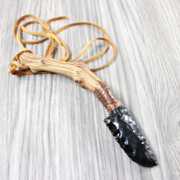 Ghost Wood Handle Obsidian Blade Knife Necklace  #584-1 Mountain Man Necklace