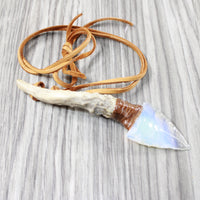 Brow Antler Tine Handle Opalite Blade Knife Necklace  #5051 Mountain Man Necklace